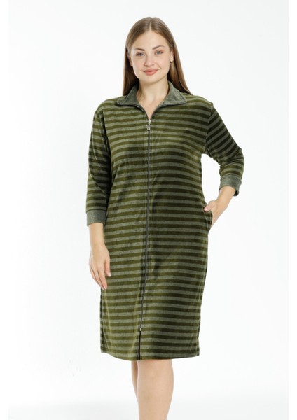 Çizgili Kadife Fermuarlı Cepli Büyük Beden Pamuklu Kadife Elbise