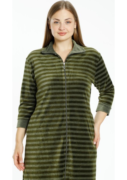 Çizgili Kadife Fermuarlı Cepli Büyük Beden Pamuklu Kadife Elbise modelleri