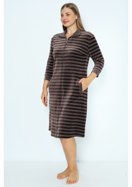 Çizgili Kadife Fermuarlı Cepli Büyük Beden Pamuklu Kadife Elbise fiyatları