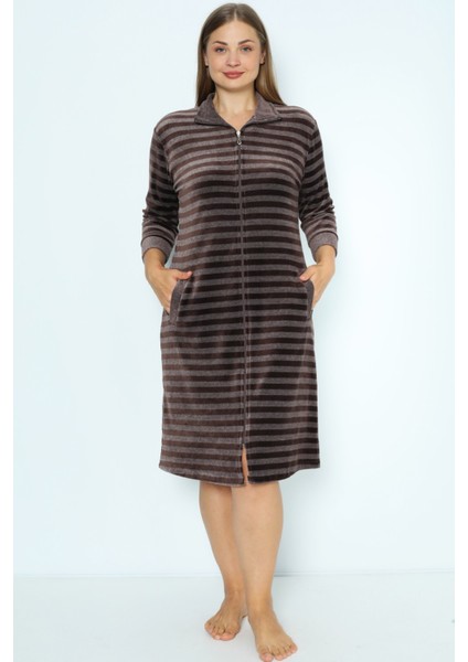 Çizgili Kadife Fermuarlı Cepli Büyük Beden Pamuklu Kadife Elbise modelleri