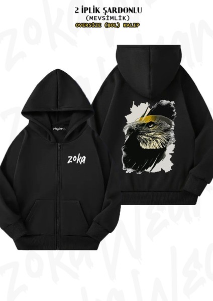 Unisex Kartal Özel Baskılı Oversize Sırt Baskılı Fermuarlı Kapşonlu Hırka