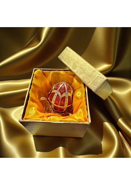 Faberge Tarzı Dekoratif Yumurta Mücevher Kutusu, Kırmızı Mineli, Kristal Taşlı, Altın Kaplama Stand, Hediye Kutulu fiyatları