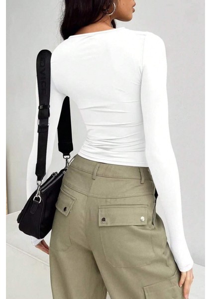 Kadın Bisiklet Yaka Basic Uzun Kollu Likralı Body fırsatları