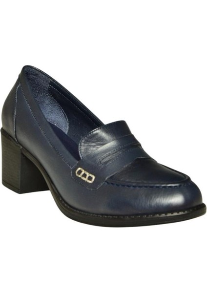 V468707503 Lacivert Hakiki Deri Kalın Topuklu Kadın Ayakkabı indirimleri
