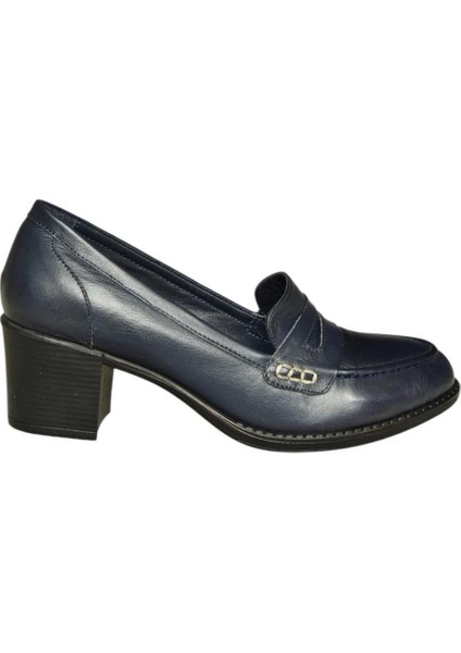 V468707503 Lacivert Hakiki Deri Kalın Topuklu Kadın Ayakkabı