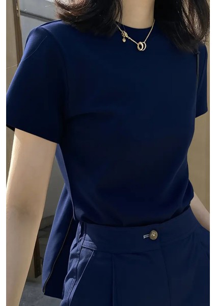 Lacivert Bisiklet Yaka Basic Kadın Tişört modelleri