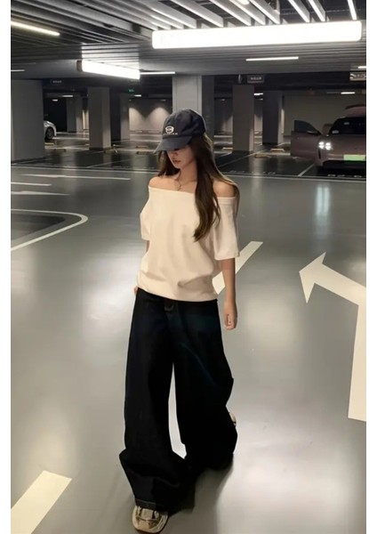 Beyaz 2li Paket Kadın Düşük Omuz Kayık Yaka Oversize T-Shirt modelleri