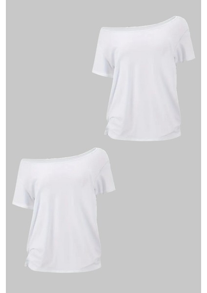 Beyaz 2li Paket Kadın Düşük Omuz Kayık Yaka Oversize T-Shirt fırsatları