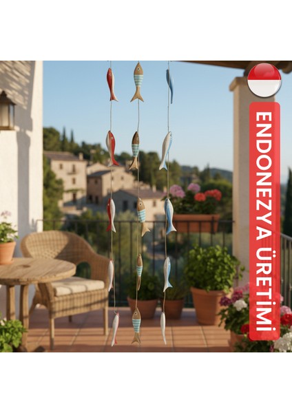 Askılı Beşli Balık Üçlü Set Ahşap Dekorasyon Balkon Bahçe Teras