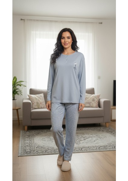 Çiçek Desenli Kadın Pijama Takımı Mavi
