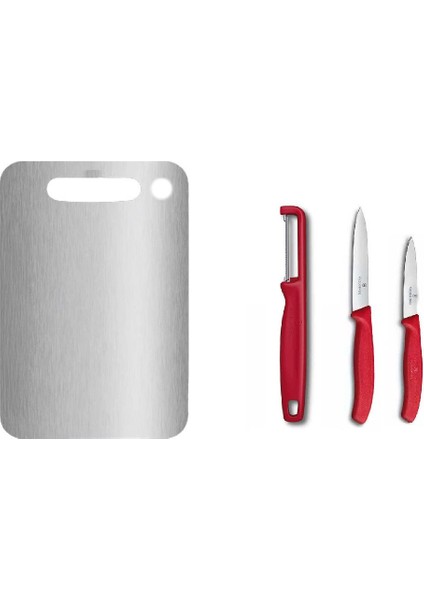 Çelik Kesme Tahstası ve Victorinox Kırmızı Düz Soyma Bıçağı 8 cm - 10 cm ve Domates Sebze Soyacağı 3lü Set