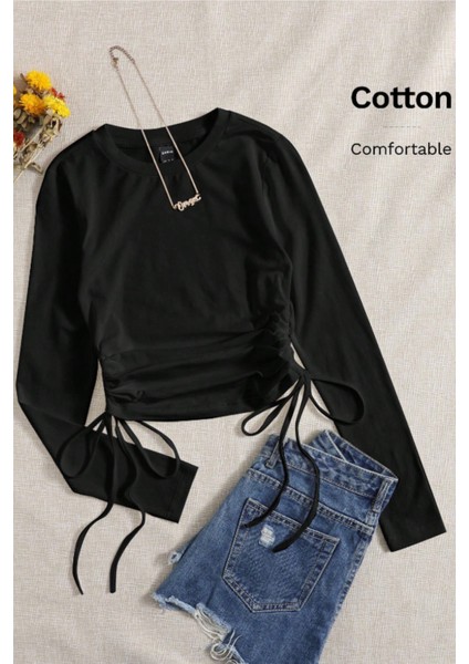 Kadın Siyah Büzme Ip Detaylı Bisiklet Yaka Uzun Kollu T-Shirt