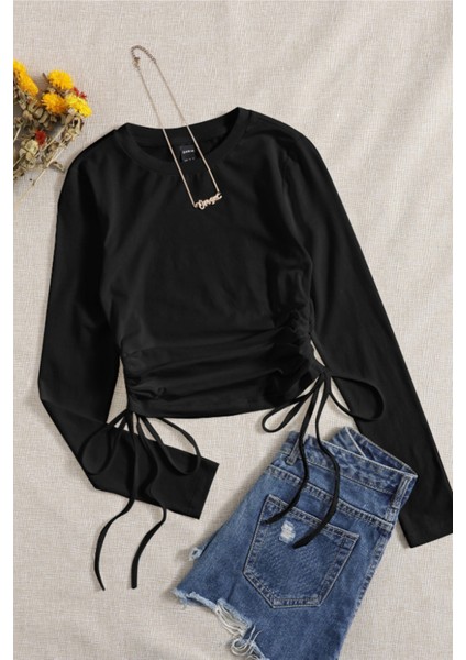 Kadın Siyah Büzme Ip Detaylı Bisiklet Yaka Uzun Kollu T-Shirt fiyatları