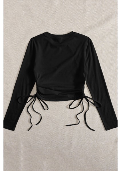 Kadın Siyah Büzme Ip Detaylı Bisiklet Yaka Uzun Kollu T-Shirt modelleri