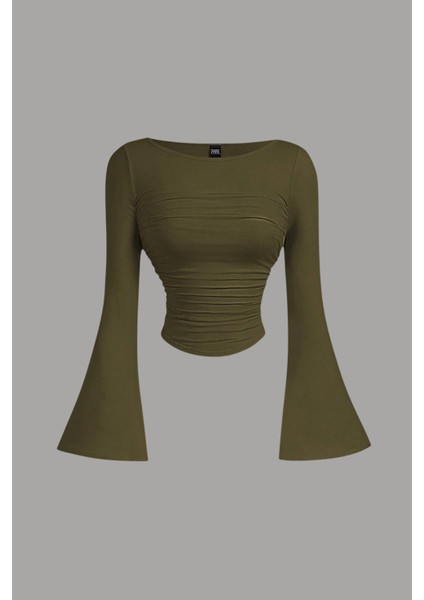 Kadın Likralı Drapeli Uzun Ispanyol Kollu Crop Bluz