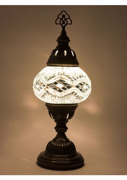 Sudamlasibazaar Mozaik Masa Lambası 34 cm – El Yapımı Dekoratif Masaüstü Aydınlatma (14 cm Cam), Beyaz Renk