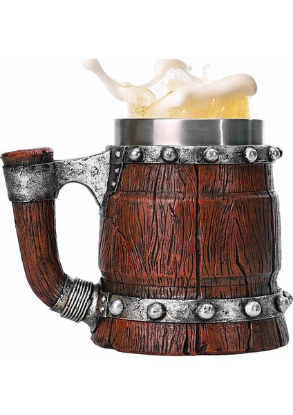 Premium Paslanmaz Çelik Iç Hazneli Ahşap Görünümlü Bira Kupası – Varil Tasarım 600 ml