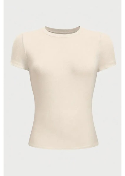 Bej Bisiklet Yaka Basic Kadın Tişört fırsatları