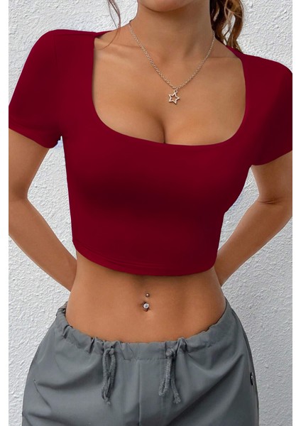 Kadın Kare Yaka Kısa Kollu Yazlık Basic Crop Tişört fiyatları