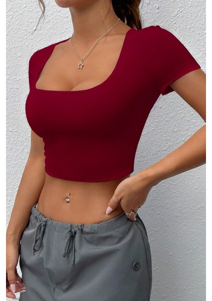 Kadın Kare Yaka Kısa Kollu Yazlık Basic Crop Tişört modelleri