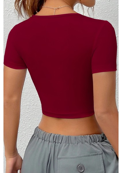 Kadın Kare Yaka Kısa Kollu Yazlık Basic Crop Tişört indirimleri
