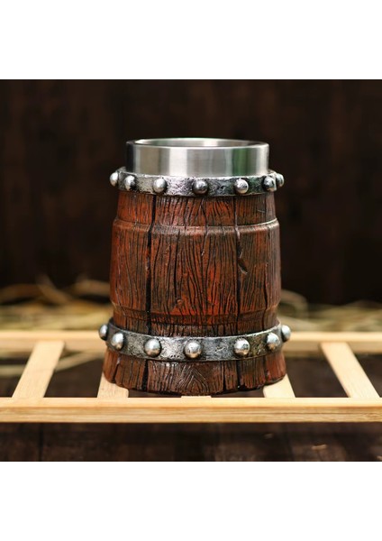 Premium Paslanmaz Çelik Iç Hazneli Ahşap Görünümlü Bira Kupası – Varil Tasarım 600 ml