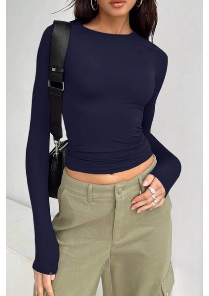 Kadın Bisiklet Yaka Basic Uzun Kollu Likralı Body