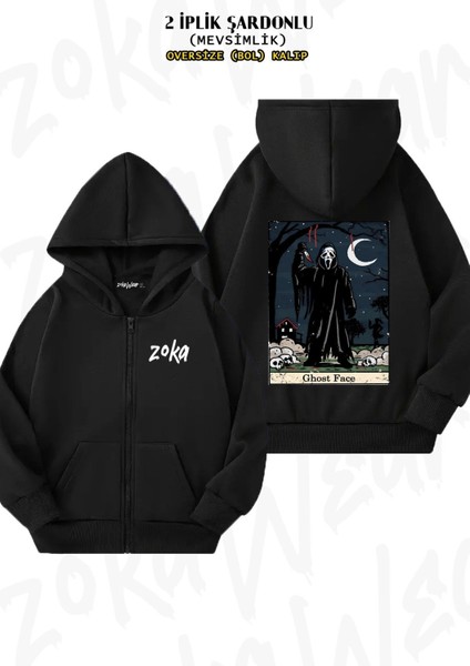 Unisex Ghost Face Tarot Card Baskılı Oversize Sırt Baskılı Fermuarlı Kapşonlu Hırka