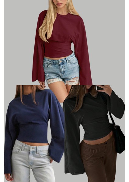 Siyah - Lacivert - Bordo 3lü Paket Kadın Uzun Kollu Belden Oturtmalı Bluz