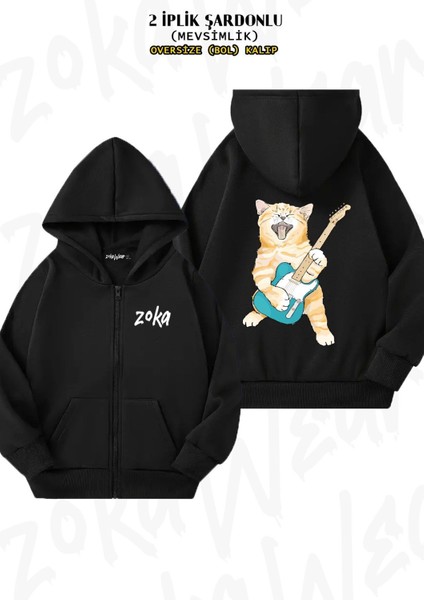 Unisex Rock Roll Kitten Baskılı Oversize Sırt Baskılı Fermuarlı Kapşonlu Hırka