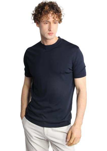 Lacivert Standart Fit Dar Kalıp Bisiklet Yaka Düz Kısa Kollu Triko Tişört
