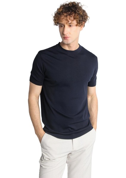 Lacivert Standart Fit Dar Kalıp Bisiklet Yaka Düz Kısa Kollu Triko Tişört fiyatları