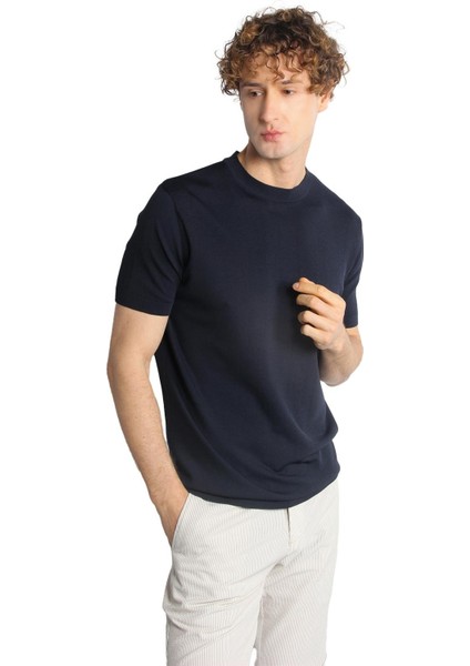 Lacivert Standart Fit Dar Kalıp Bisiklet Yaka Düz Kısa Kollu Triko Tişört modelleri