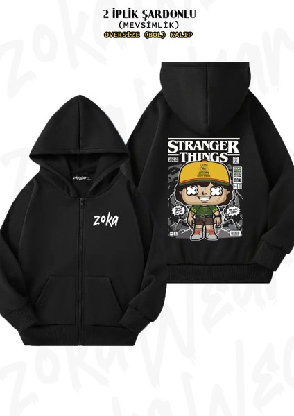 Unisex Stranger Things Baskılı Oversize Sırt Baskılı Fermuarlı Kapşonlu Hırka
