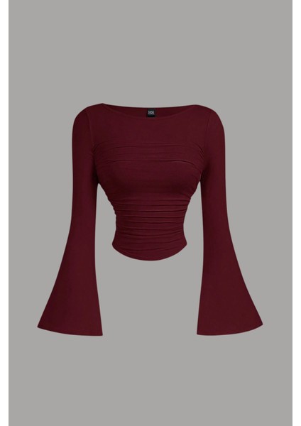 Kadın Likralı Drapeli Uzun Ispanyol Kollu Crop Bluz