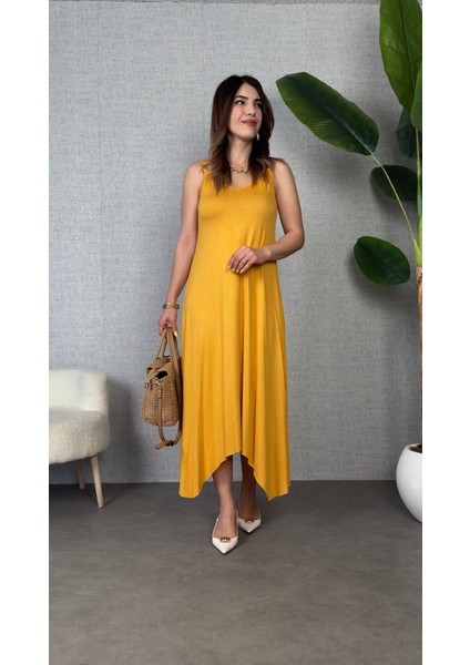 Kadın Çan Dokuma Kumaş V Yaka Asimetrik Kesim Elbise