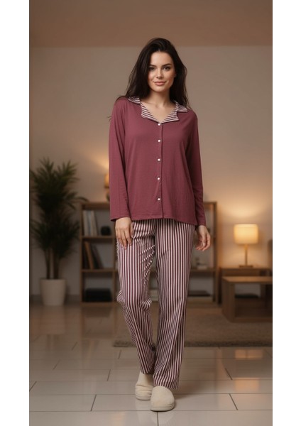 Çizgi Detaylı Önden Düğmeli Süet Kadın Pijama Takımı Gülkurusu fiyatları