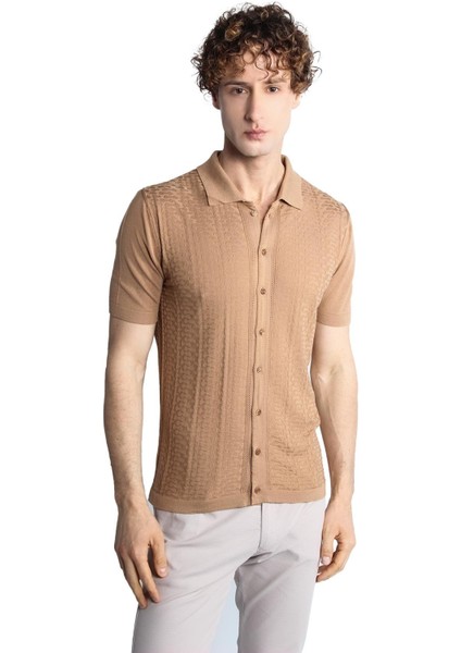 Vizon Slim Fit Dar Kalıp Düğmeli Polo Yaka Desenli Kısa Kollu Triko Tişört