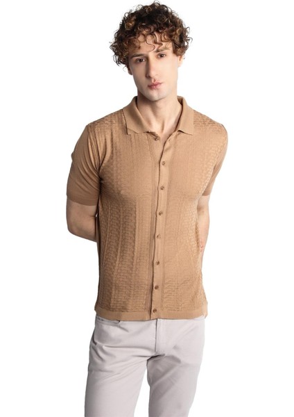 Vizon Slim Fit Dar Kalıp Düğmeli Polo Yaka Desenli Kısa Kollu Triko Tişört fiyatları