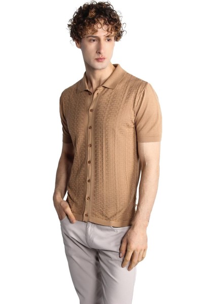 Vizon Slim Fit Dar Kalıp Düğmeli Polo Yaka Desenli Kısa Kollu Triko Tişört modelleri