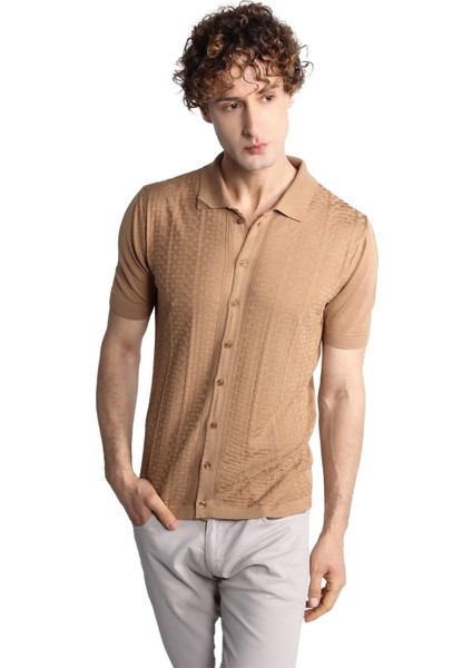 Vizon Slim Fit Dar Kalıp Düğmeli Polo Yaka Desenli Kısa Kollu Triko Tişört fırsatları