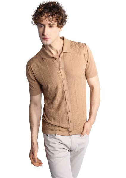 Vizon Slim Fit Dar Kalıp Düğmeli Polo Yaka Desenli Kısa Kollu Triko Tişört indirimleri