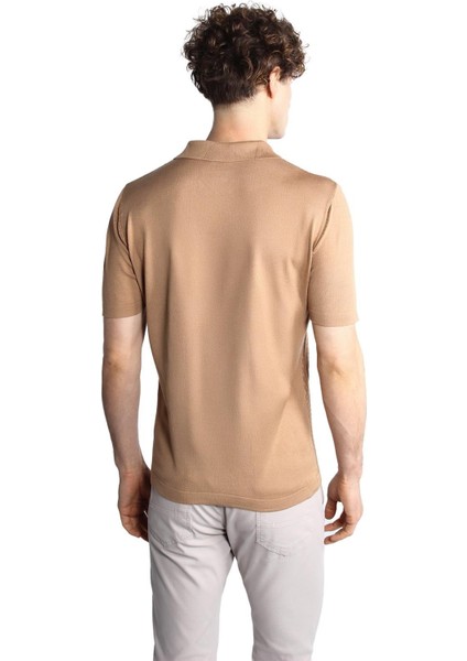 Vizon Slim Fit Dar Kalıp Düğmeli Polo Yaka Desenli Kısa Kollu Triko Tişört