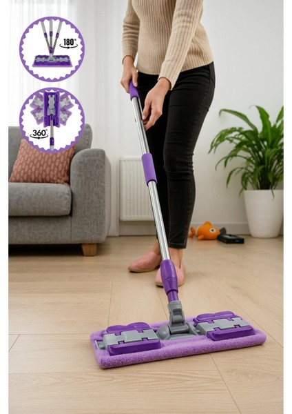 Yer Mopu Duvar Fayans Cam Temizlik Mikrofiber 4 Mandallı Mop(Mor)