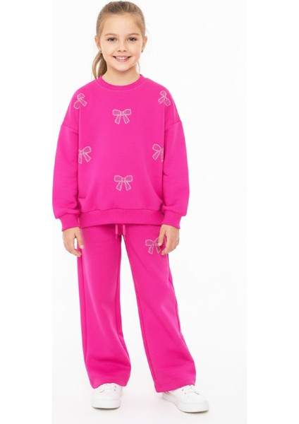 Kız Çocuk Taş Işlemeli Fiyonk Baskılı-2 Iplik-Alt-Üst Takım-5-12 Yaş 12438
