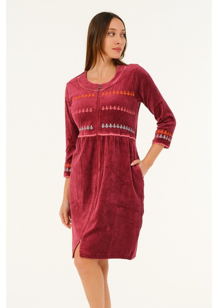 Fermuarlı Cepli Nakış Detaylı Kadife Pamuklu Elbise