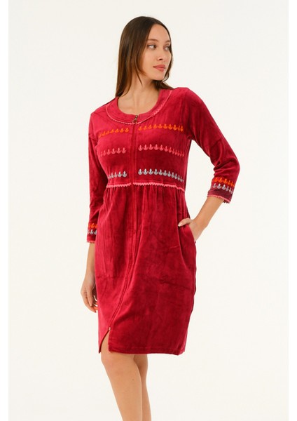 Fermuarlı Cepli Nakış Detaylı Kadife Pamuklu Elbise