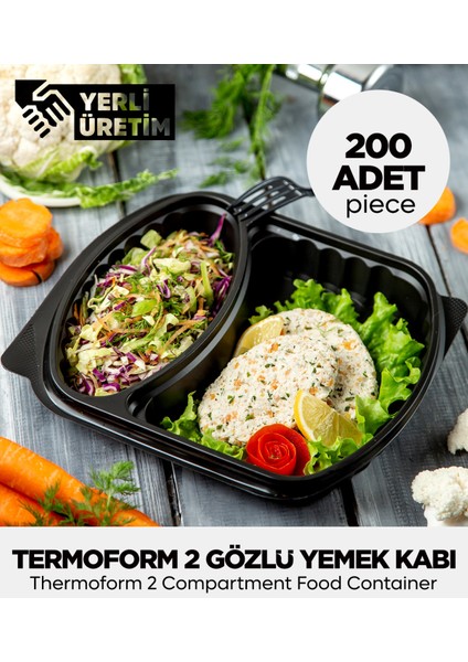 Termoform 2 Gözlü Yemek Kabı 200 Adet