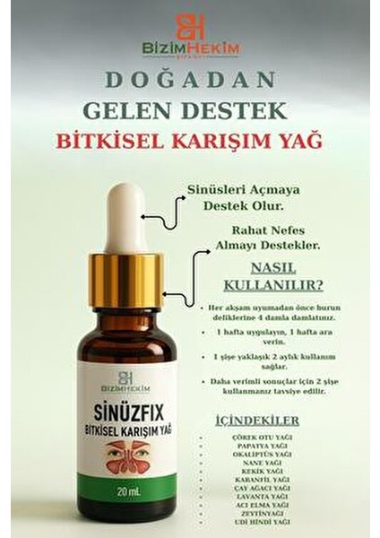 Bizim Hekim Sinüzfix Bitkisel Karışım Yağ 20 ml Sinüsleri Açmaya Destek Olur fiyatları