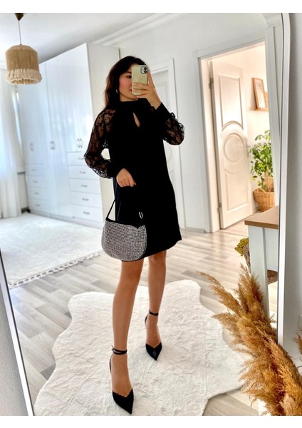 Kadın Uzun Kollu Tül Detay Sandy Mini Boy Elbise modelleri